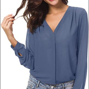 Femmes Chemisier Col V Hauts Tops Mousseline Manches Longues Chemise Bleu S