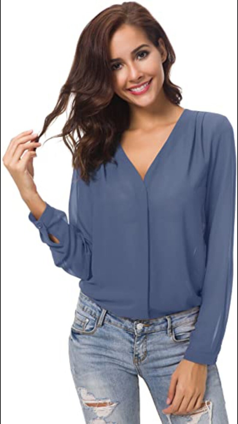 Femmes Chemisier Col V Hauts Tops Mousseline Manches Longues Chemise Bleu S