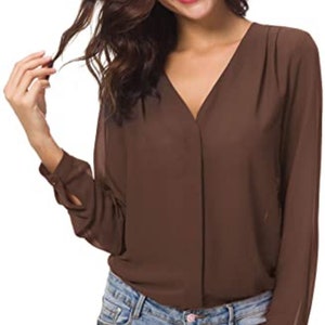 Femmes Chemisier Col V Hauts Tops Mousseline Manches Longues Chemise Café