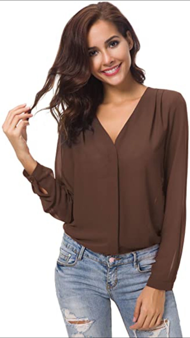 Femmes Chemisier Col V Hauts Tops Mousseline Manches Longues Chemise Café