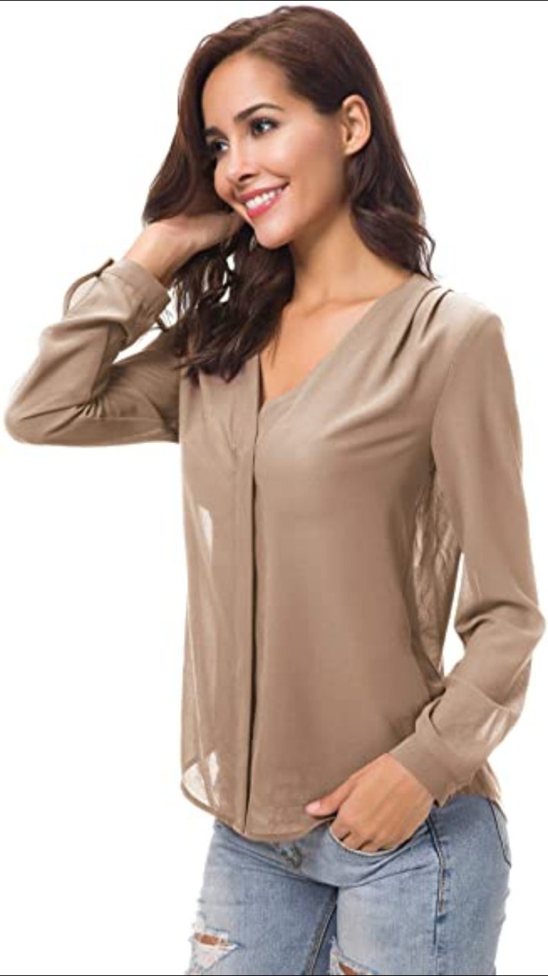 Femmes Chemisier Col V Hauts Tops Mousseline Manches Longues Chemise Chamelle