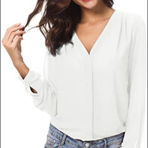 Femmes Chemisier Col V Hauts Tops Mousseline Manches Longues Chemise Blanc