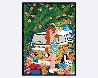 Canvas Print Modern Poster #S229 Boho Wall Decor Boho Modern Eclectic Girl Plants Flowers Art Print Colorful Fashion Art Print