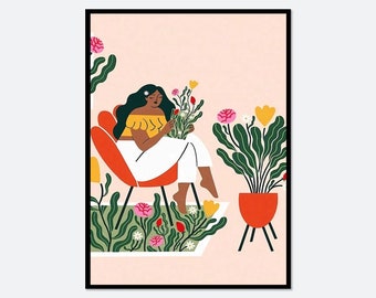 Canvas Print Modern Poster #S229 Boho Wall Decor Boho Modern Eclectic Girl Plants Flowers Art Print Colorful Fashion Art Print