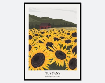 Sunflower Field Tuscany Italy Colorful  Boho Art Print | Abstract Landscape Illustration, Flowers Print, Floral Print, Travel Poster #TA02