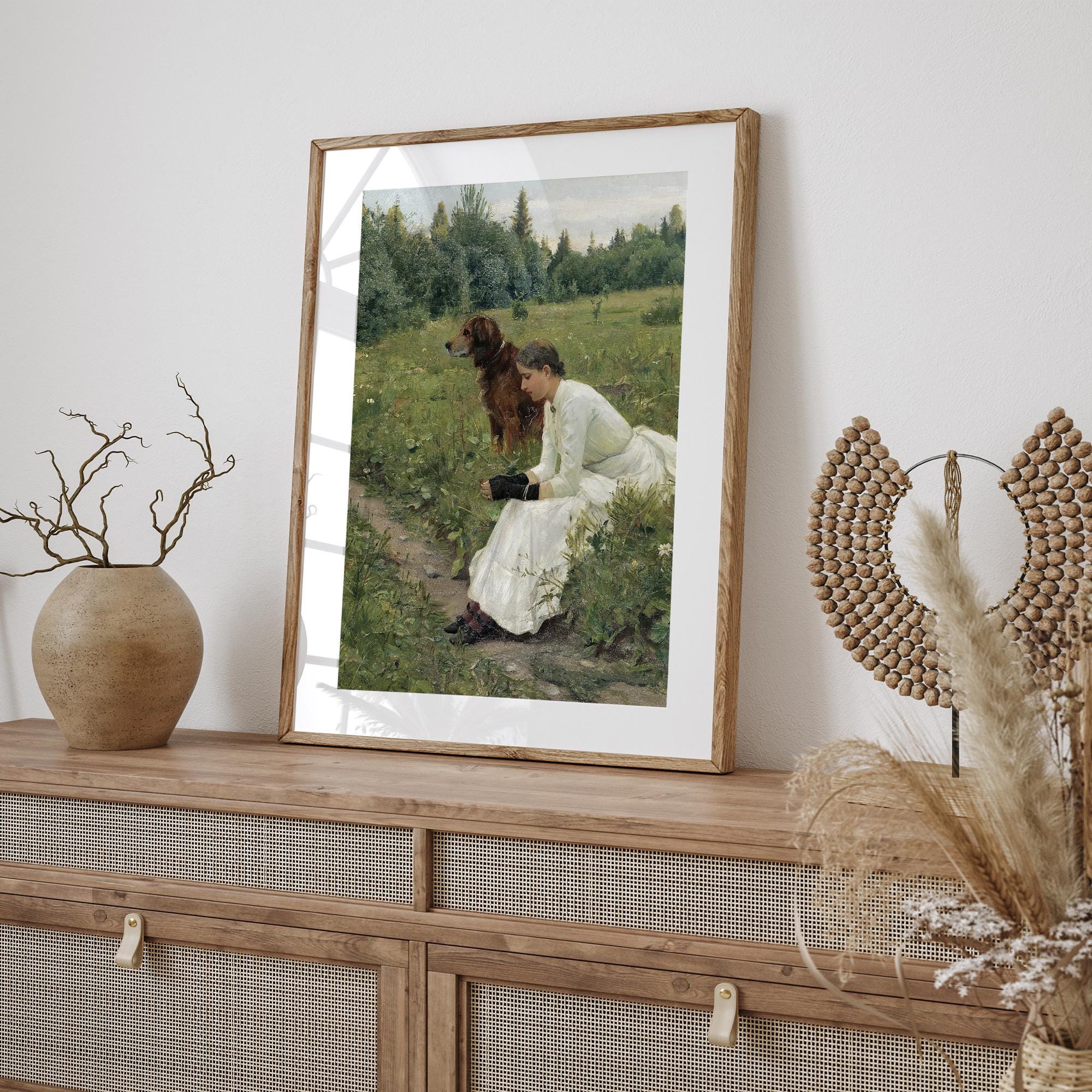 Vintage Rustic Girl With Her Dog Portrait Painting Wall Art Print ...