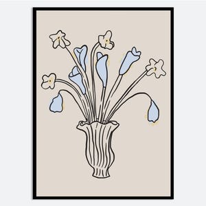 Impresión artística de pared con jarrón azul y amarillo, ilustración de primavera y verano dibujada a mano, póster floral de estética moderna y contemporánea MA84