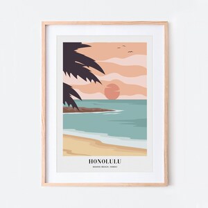 Waikiki Beach Honolulu Hawaii Colorful Boho Art Print | Abstract Landscape Illustration, Coastal Beach Print, Tropical Travel Poster #TA11 image 3