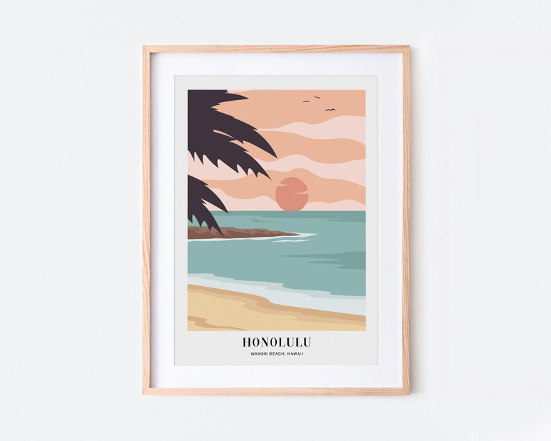 Waikiki Beach Honolulu Hawaii Colorful Boho Art Print | Abstract Landscape Illustration, Coastal Beach Print, Tropical Travel Poster #TA11 image 3