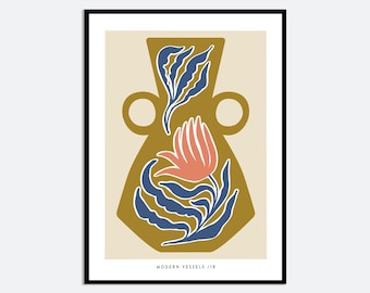 Abstract Gold Vase Blue Flowers Wall Art Print | Contemporary Floral Illustration, Modern Aesthetic Poster, Colorful Botanical Art FM161
