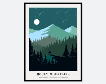 Deer in Wilderness in Rocky Mountains Colorful Boho Art Print | Abstract Landscape Illustration, Mountains Forest Print, Travel Poster #TA10