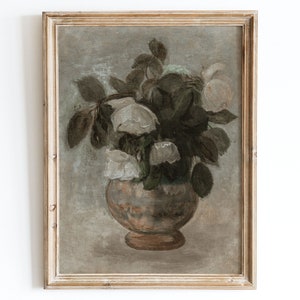 Lámina artística de flores vintage europeas en jarrón, pintura al óleo rústica vintage, póster neutro, rosas blancas de Tadeusz Makowski, pintura famosa VP08