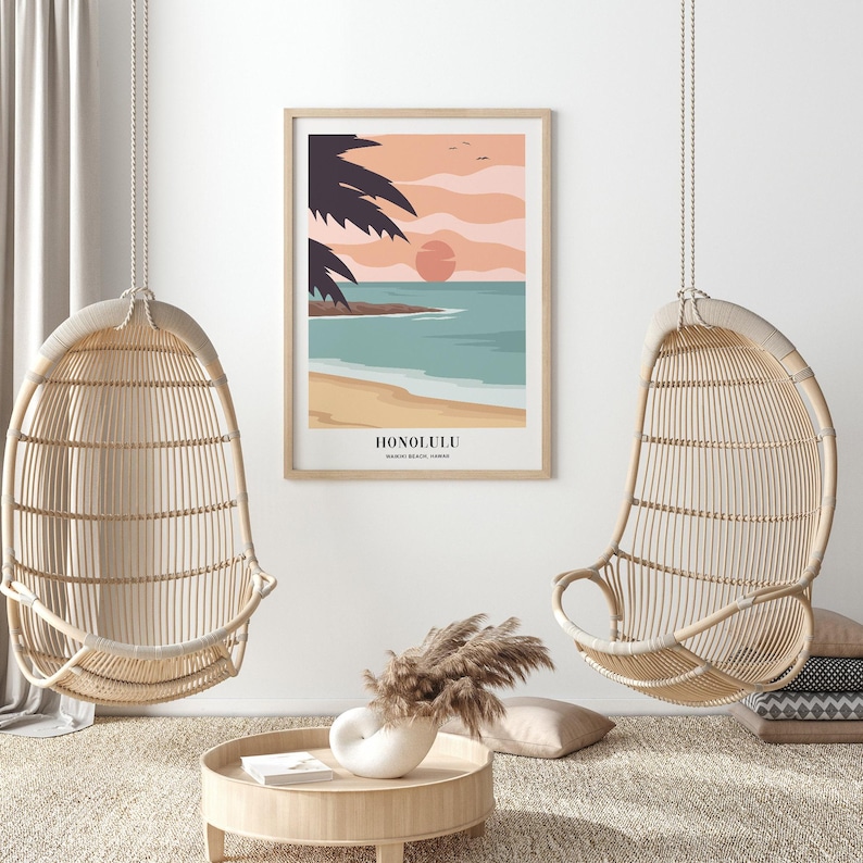Waikiki Beach Honolulu Hawaii Colorful Boho Art Print | Abstract Landscape Illustration, Coastal Beach Print, Tropical Travel Poster #TA11 image 9
