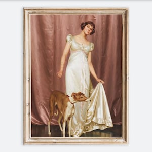 以下が含まれることがあります： 白いドレスを着た女性と犬が描かれた、額入りのヴィンテージ絵画。 女性はピンク色のカーテンの前に立っています。 犬は茶色と白で、赤い首輪をしています。 絵画はクリーム色のフレームに入っています。