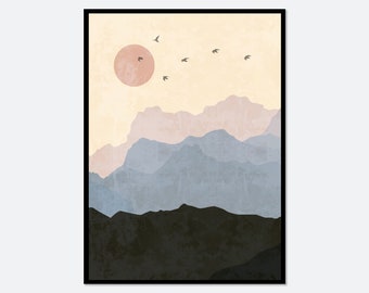 Abstract Landscape Mountains Boho Art Print | Mid Century Modern Print, Boho Wall Decor, Boho Art Print, Sunset Art, Sunrise Art #AL02