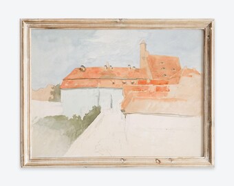 ヴィンテージ 赤い屋根の村の風景 ウォールアートプリント | レトロな建築画ポスター、素朴なヨーロッパの水彩画タウンハウスの装飾 VP397