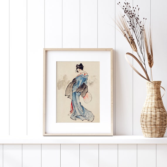 アンティーク ヴィンテージ コレクション 女性 肖像画 着物 葛飾北斎 着物を着た女性の全身肖像画 ヴィンテージ日本の木版画