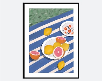 Grapefruit Lemon Picnic Aesthetic Wall Art Print | Contemporary Hand Drawn Fruit Illustration, Blue Striped Kitchen Summer Poster MA42