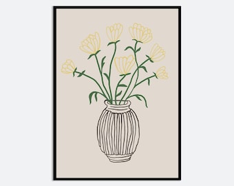 May include: A framed wall art print featuring a line drawing of a bouquet of yellow flowers with green stems and leaves in a dark brown, vertically ribbed vase, all set against a solid light beige background within a thin black frame.