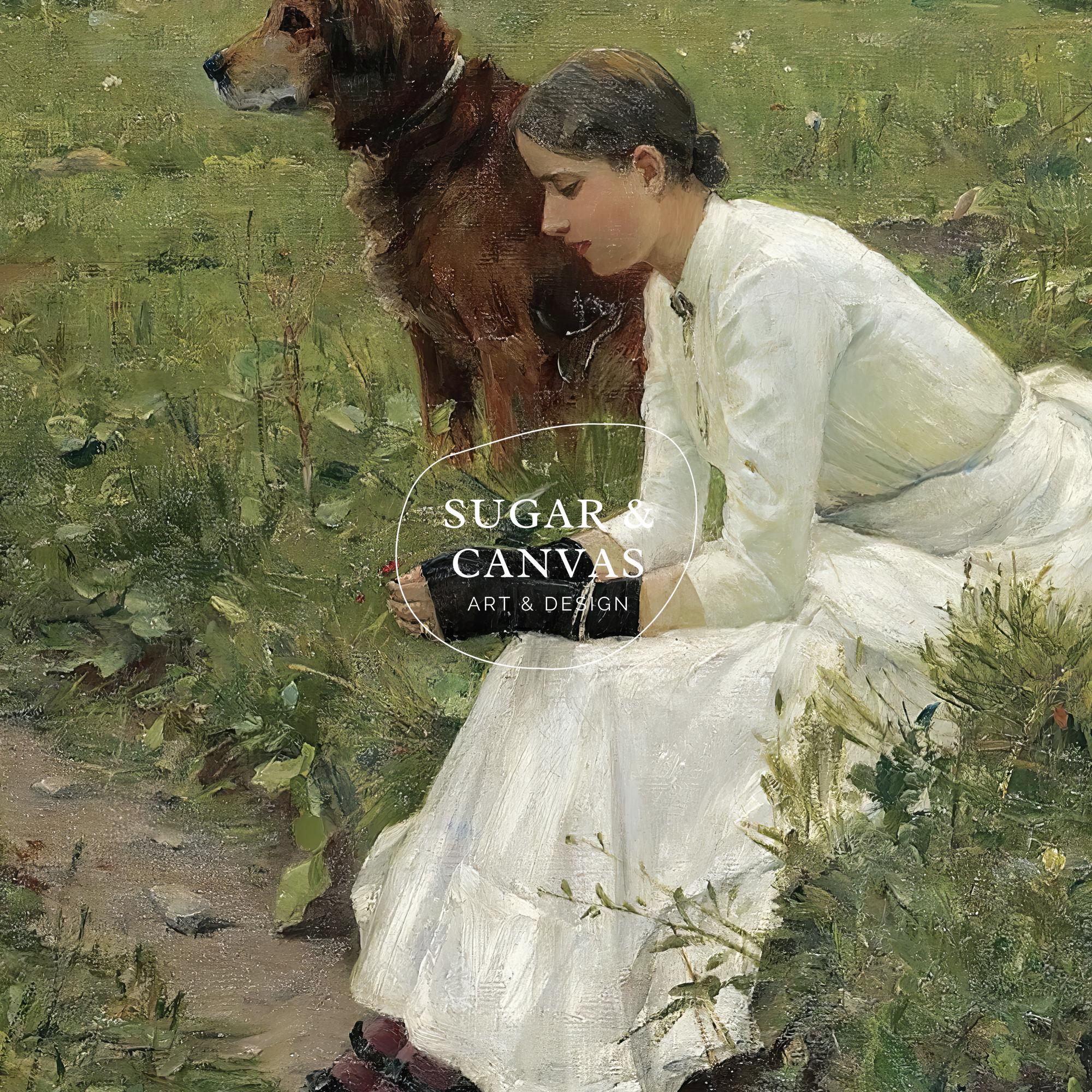 Vintage Rustic Girl With Her Dog Portrait Painting Wall Art Print ...