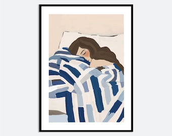 Sleeping Woman Homebody Aesthetic Wall Art Print | Hand Drawn Girl in Bed Illustration, Stripe Blanket Poster, Cozy Contemporary Modern MA53