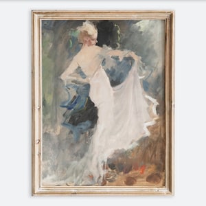 Europese vintage danseres vrouw in witte jurk portret schilderij kunst aan de muur, antieke poster dansend meisje, humeurige boerderij figuur VP438