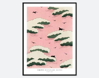Watanabe Seitei Pink Sky from Bijutsu Sekai Vintage Japanese Woodblock Art Print | Japanese Art, Japanese Poster, Japan Art, 渡辺省亭 美術世界 #JP07