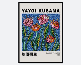 May include: A framed art print titled Summer Flowers by Yayoi Kusama, dated 1990. The artwork features vibrant pink, orange, and red flowers with dotted patterns on long green stems against a blue mosaic-style background, with black text.
