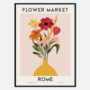 Puede incluir: Un póster con el texto "FLOWER MARKET" y "ROMA" en un estilo moderno y minimalista. El póster presenta un ramo de flores coloridas en un jarrón amarillo sobre un fondo rosa claro.
