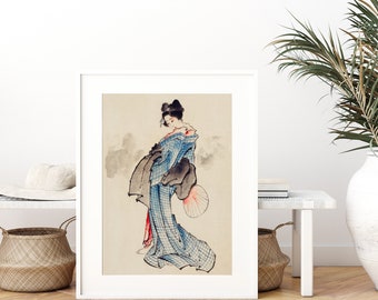 葛飾北斎 着物を着た女性の全身肖像画 ヴィンテージ日本の木版画