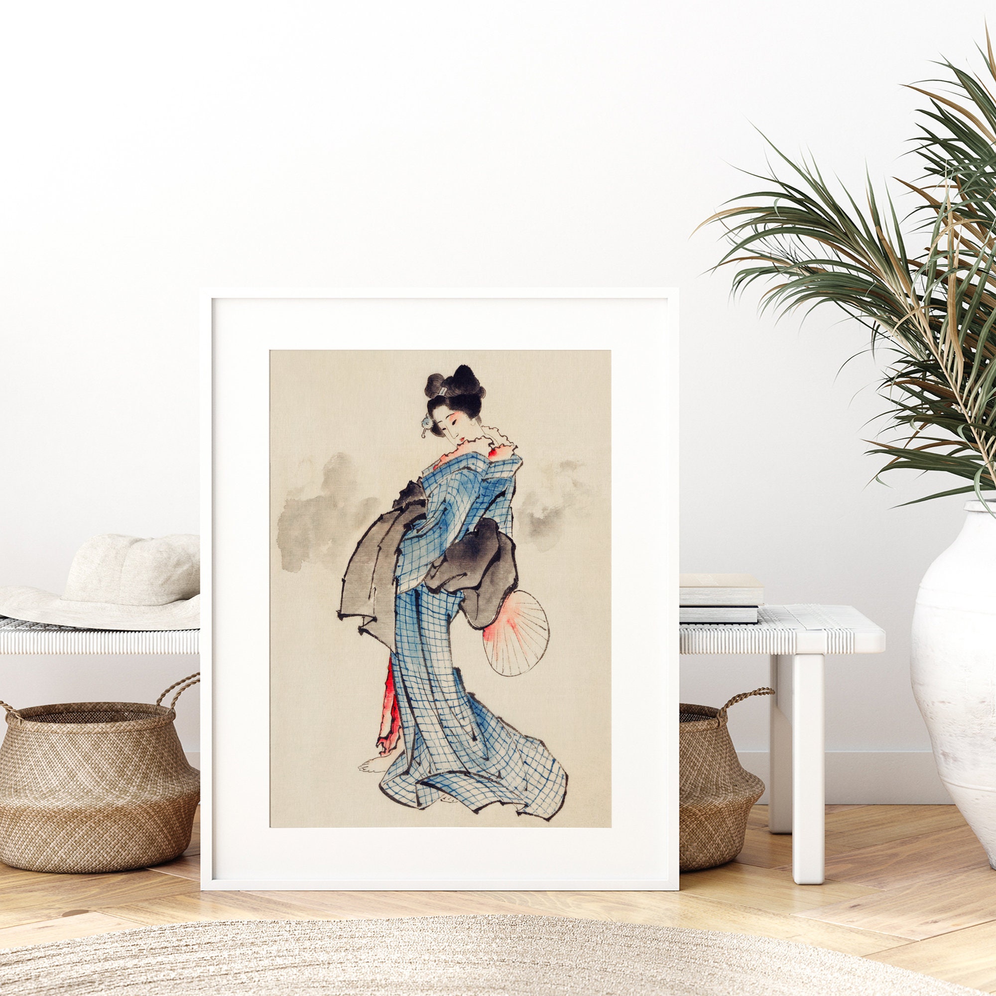 葛飾北斎 着物を着た女性の全身肖像画 ヴィンテージ日本の木版画