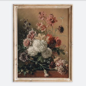 Impresión de arte de pared con naturaleza muerta, ramo de flores vintage europeo en jarrón, pintura al óleo rústica con motivos florales oscuros, póster de granja antigua con un toque de melancolía VP262