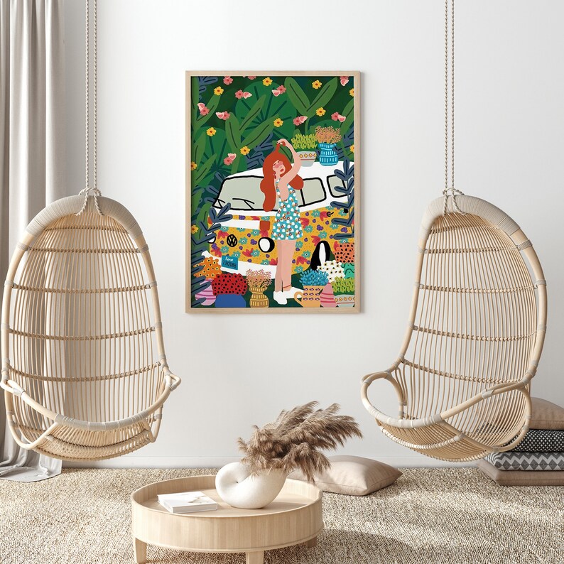 Canvas Print Modern Poster #S229 Boho Wall Decor Boho Modern Eclectic Girl Plants Flowers Art Print Colorful Fashion Art Print