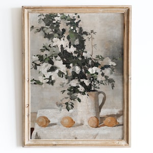 Impresión artística de bodegón con limones y jarrón de flores vintage europeo, pintura al óleo rústica con un toque melancólico, póster neutro, cocina de casa de campo antigua VP28