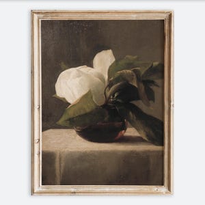 Impresión artística de pared de bodegón con flores de magnolia en jarrón vintage europeo, pintura al óleo rústica oscura, póster de estilo rústico con flores melancólicas de estilo rústico VP360