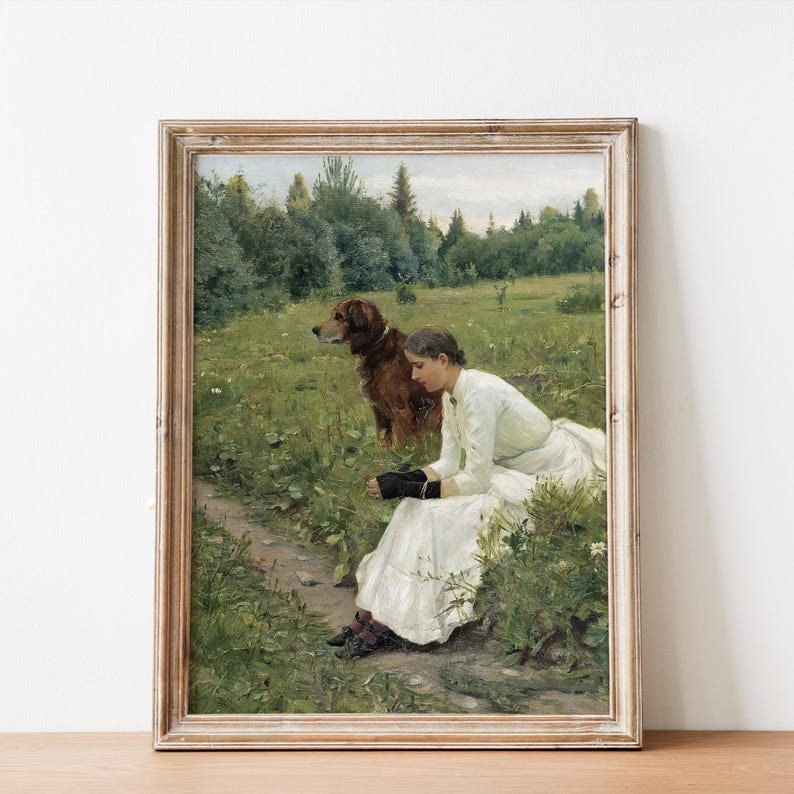 Vintage Rustic Girl With Her Dog Portrait Painting Wall Art Print ...
