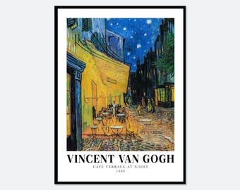 Van Gogh Cafe Terrace at Night Vintage Exhibition Poster Art Print | Colorful Landscape Art, Vincent Van Gogh Poster, Van Gogh Painting #V22