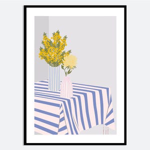 Impresión de arte mural con jarrones rayados y flores amarillas / Ilustración de primavera y verano dibujada a mano, póster floral estético moderno contemporáneo MA61