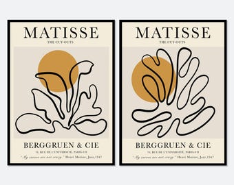 Set van 2 vintage posters met uitgesneden figuren van Henri Matisse in beige en geel | Mid-century modern, minimalistische, abstracte muurdecoratie in koraalkleur en neutrale tinten