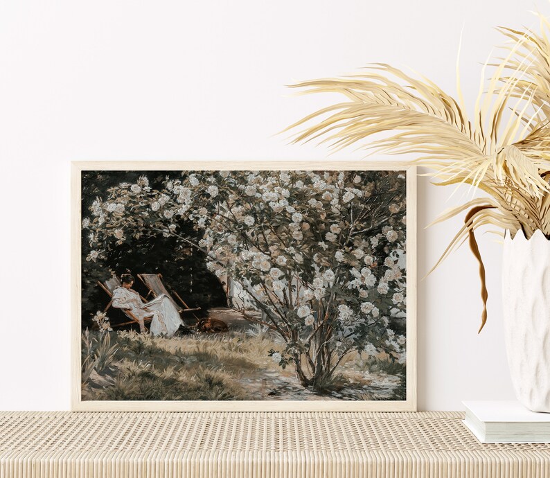 European Vintage Rose Garden Art Print, Rustic Vintage Oil Painting, Neutral French Garden Antique Poster, Peder Severin Krøyer Roses