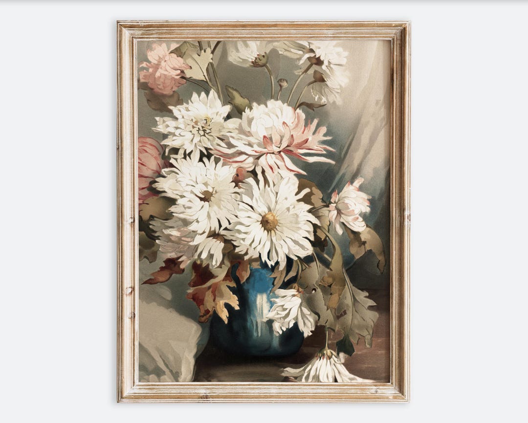 European Vintage Chrysanthemum Flowers in Vase Still Life Floral Wall ...