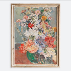 Impresión de arte de pared de naturaleza muerta con flores de verano coloridas de estilo vintage europeo en jarrón, pintura al óleo floral rústica, póster de granja antigua de estilo melancólico VP274