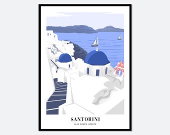 Santorini Blue Domes by Aegean Sea Greece Colorful Boho Art Print | Abstract Cityscape Illustration, Architecture Print, Travel Poster #TA23