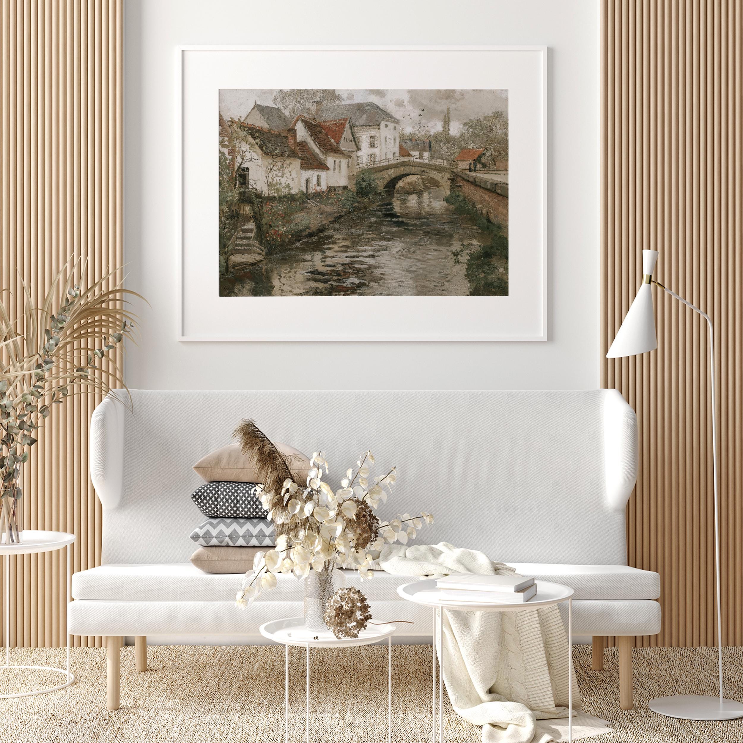 素朴なヴィンテージヨーロッパの小さな町の水路の油絵ウォールアート
