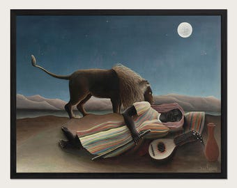 Henri Rousseau The Sleeping Gypsy Fine Art Print, Lion Moonlight Poster, Surreal Desert Painting, Vintage Eclectic Decor, Blue Wall Art HR11