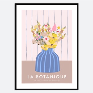 Impresión de arte mural con jarrones rayados y flores amarillas / Ilustración de primavera y verano dibujada a mano, póster floral de estética moderna contemporánea MA66