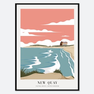 Playa Fistral New Quay, Reino Unido. Lámina artística bohemia colorida / Ilustración de paisaje, lámina de playa costera, póster de viaje costero #TA16 imagen 1