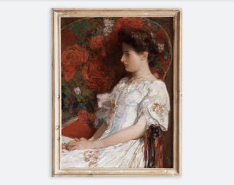ヴィンテージ風の花柄の白いドレスを着た女性の肖像画の壁掛けアートプリント、アンティークの座っているビクトリア朝の少女のポスター、ダークでムーディーな農家風 VP439