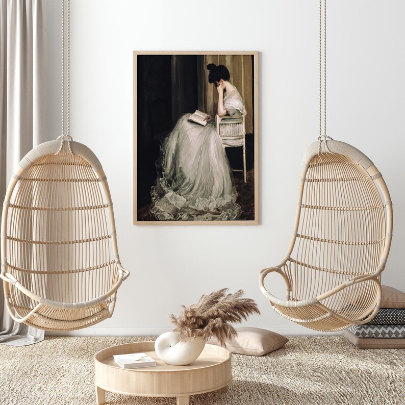 Vintage Rustic Girl in White Dress Reading Portrait Painting Wall Art ...