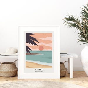 Waikiki Beach Honolulu Hawaii Colorful Boho Art Print | Abstract Landscape Illustration, Coastal Beach Print, Tropical Travel Poster #TA11 image 4